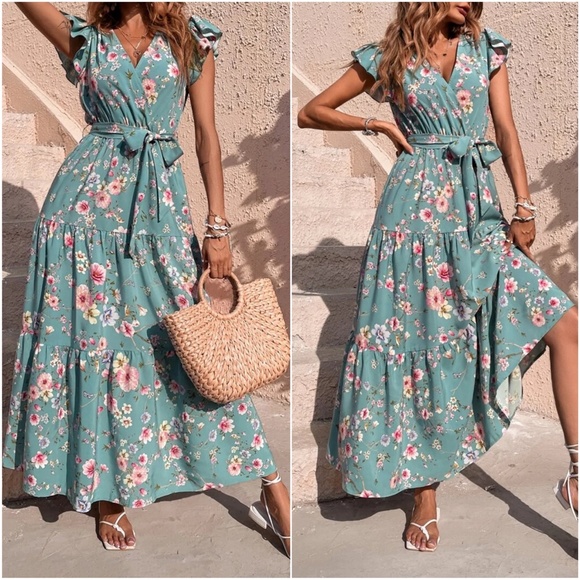 Boho Floral Print Butterfly Sleeve Maxi Dress - Picture 2 of 16